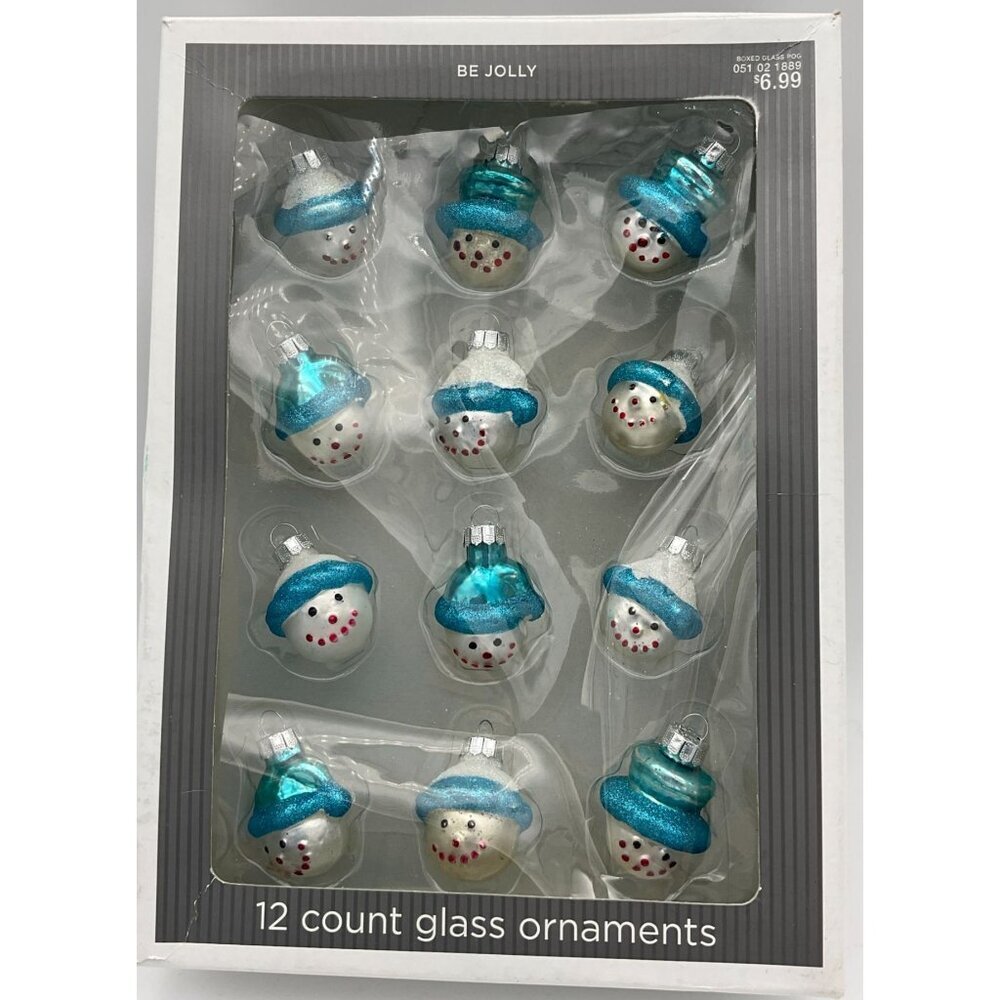 Be Jolly 12ct Glass Mini Snowman Head Ornaments Silver & Blue